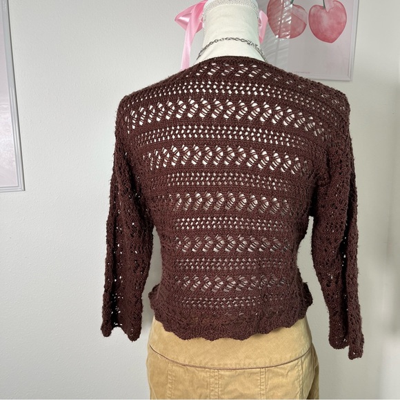 Vintage Y2K Mixit Chocolate Brown Crochet Knit Tie Front Cardigan Sweater L/XL - Picture 6 of 6